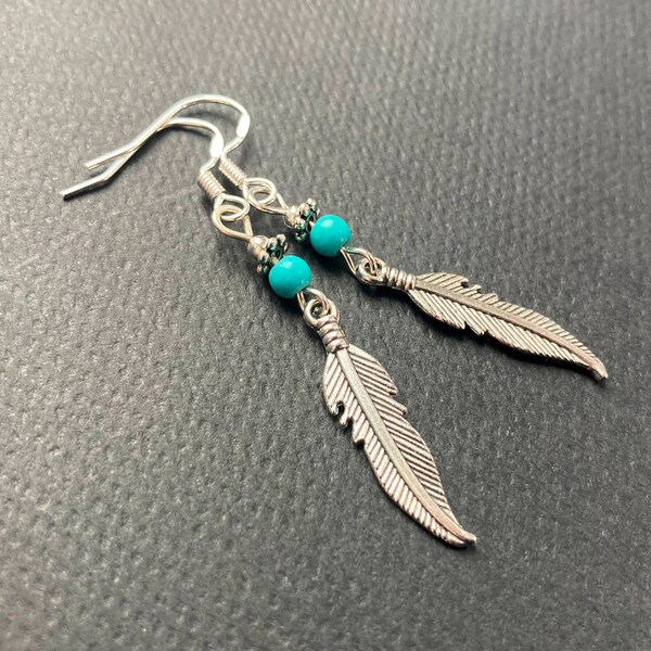 Boucles d'oreilles plumes en argent, crochets en argent sterling, boucles d'oreilles élégantes, boucles d'oreilles simples, boucles d'oreilles légères, turquoise