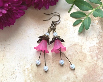 Pink bell flower earrings with petals and ivory glass pearls, dangle drop earrings, Boho bride, bridesmaid gift, pink flower earrings