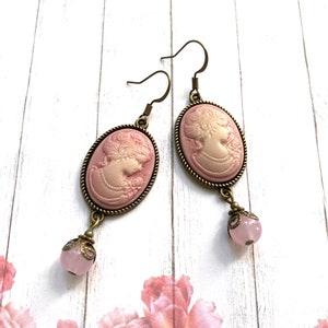 Pink cameo earrings, traditional cameo, pink filigree, Selma Dreams, vintage dangle earrings, Victorian jewelry, pink lady cameo, gifts image 1