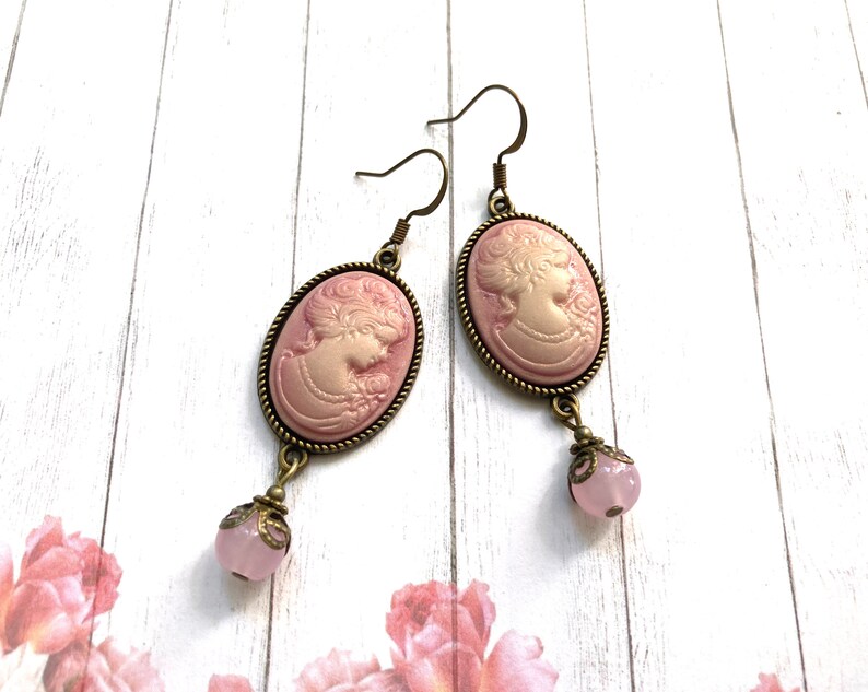 Pink cameo earrings, traditional cameo, pink filigree, Selma Dreams, vintage dangle earrings, Victorian jewelry, pink lady cameo, gifts image 1