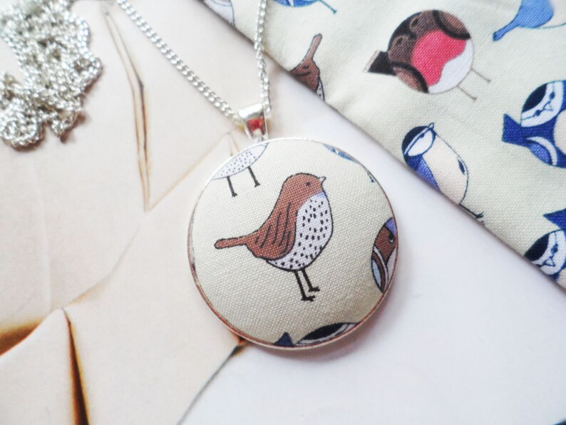 Scandinavian bird necklace with a cotton fabric pendant and silver plated chain Selma Dreams