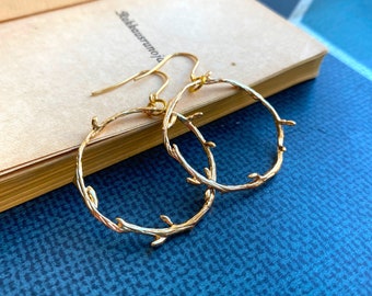 Gold Plated Hoop Earrings, Wreath Hoop Earrings, Twig Branch Earrings, Olive Banch Earrings, Nature Plant Leaf Earrings, Woodland Earrings