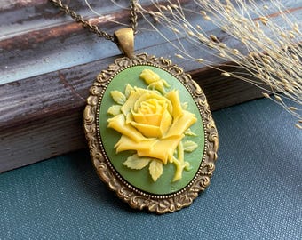 Sage Green Rose Cameo Necklace: Vintage Style Bronze Pendant