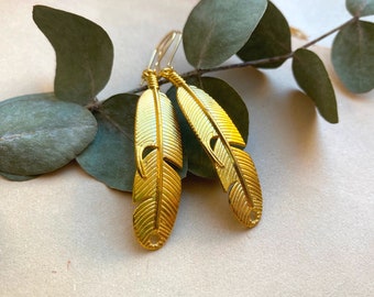 Gold Plated Feather Earrings, Gold Dangle Earrings, Nature Jewelry, Boho Jewelry, Long Dangle Earrings, Birthday Gifts, Gifts for Her