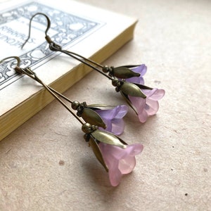 Lovely Lilac and Pink Bell Flower Earrings, Woodland Jewelry, Long Flower Earrings, Vintage Inspired Floral Earrings, Nature Jewelry image 1