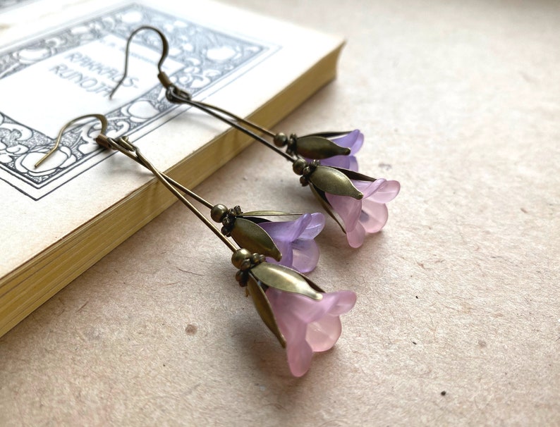 Lovely Lilac and Pink Bell Flower Earrings, Woodland Jewelry, Long Flower Earrings, Vintage Inspired Floral Earrings, Nature Jewelry image 1