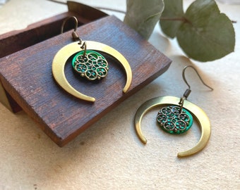 Crecent Moon Earrings with Emerald Green Filigree, Selma Dreams, Vintage Earrings, Celestial Earrings, Boho Earrings, Boho Fashion