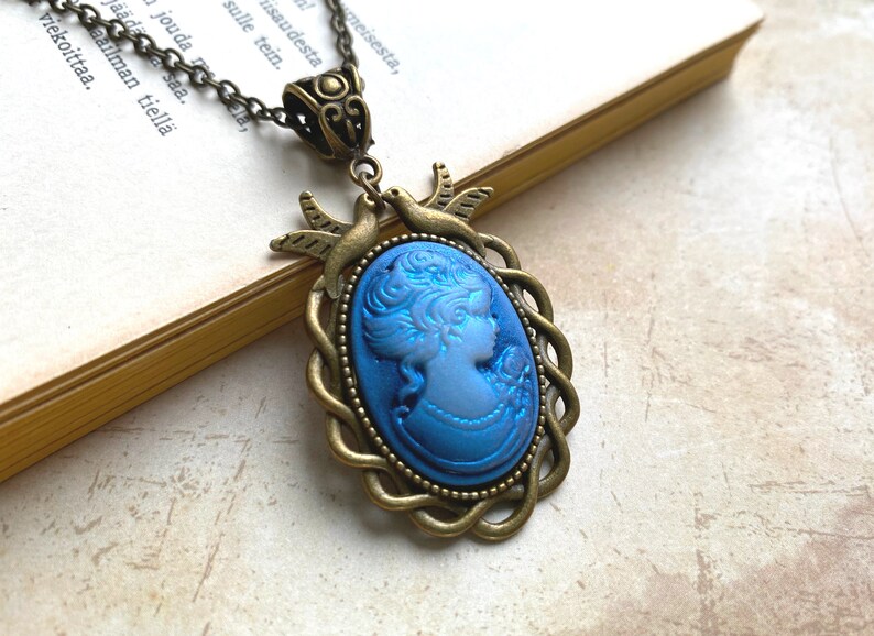 Beautiful Blue Cameo Necklace in a Bird Adorned Setting, Selma Dreams, Traditional Lady Cameo, Gifts for Her, Gift for Mom, Gifts Under 30 image 4