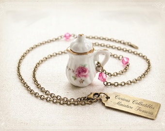 Vintage Porcelain Teapot Necklace: Floral Whimsical Jewelry