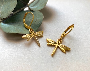 Gold Plated Dragonfly Earrings, Small Dangle Earrings, Gold Plated Earrings, Gifts for Her, Girlfriend Gift, Dangle Earrings, Nature Jewelry