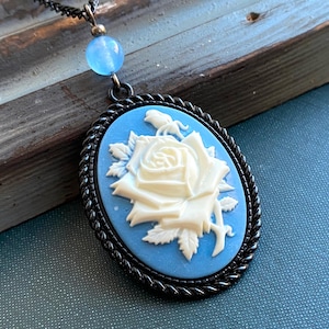 Blue and White Rose Cameo Necklace with Blue Jade, Selma Dreams, Rose Cameo, Edwardian jewelry, Victorian Jewelry, Gift Ideas