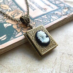 Book locket necklace, cameo necklace, Selma Dreams, Victorian jewelry, traditional cameo, book lover gifts, vintage necklace, black cameo zdjęcie 1