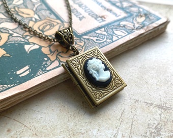 Book locket necklace, cameo necklace, Selma Dreams, Victorian jewelry, traditional cameo, book lover gifts, vintage necklace, black cameo