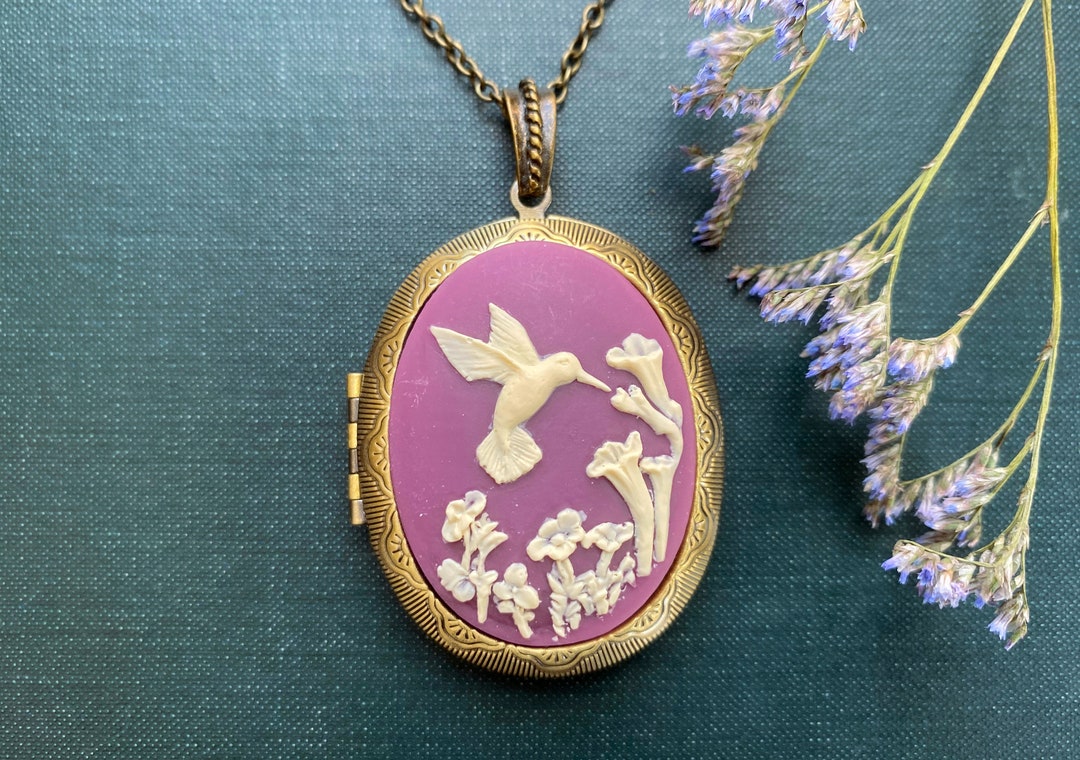 Purple Hummingbird Cameo Locket Necklace: Bronze Keepsake Jewelry - Etsy