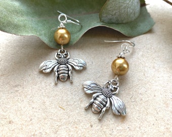 Silver bee earrings with gold glass beads, Selma Dreams, nature jewelry, steampunk earrings, vintage silver earrings, bee pendants, wasp