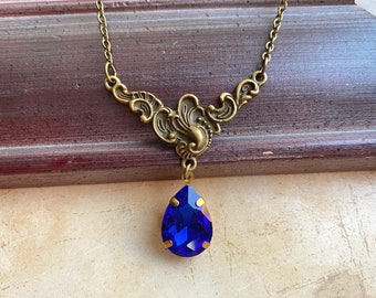 Atemberaubende Jugendstil Halskette mit einem Blauen Glas Anhänger, Vintage Halskette, Geschenk für Mama, Muttertagsgeschenk, Blaue Jugendstil Halskette