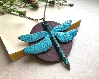 Patina Verdigris Dragonfly Necklace, Bronze and Wood, Boho Necklace, Statement Necklace, Vintage Dragonfly Necklace, Big Pendant