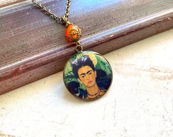 Collar Frida Kahlo con una perla de piedra preciosa de cornalina naranja, sueños Selma, joyería feminista, icono mexicano, joyería feminista