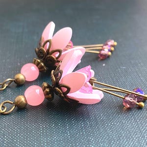 Pink Flower Earrings with Glass Beads and Filigree, Elegant Earrings, Woodland Jewelry, Fairy Girl Earrings, Gifts for He