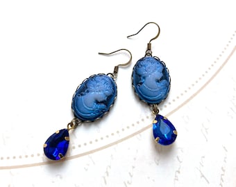 Lovely Blue Cameo Earrings with Glass Pendants, Selma Dreams, Downton Abbey Inspired, Gifts Under 25, Blue Dangle Earrings, Gift for Mom