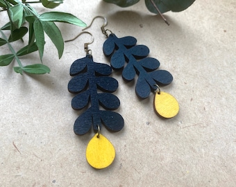 Scandinavian Statement Earrings, Wood Pendants, Statement Jewelry, Wooden Pendants, Big Earrings, Large Statement Earrings, Black and Yellow