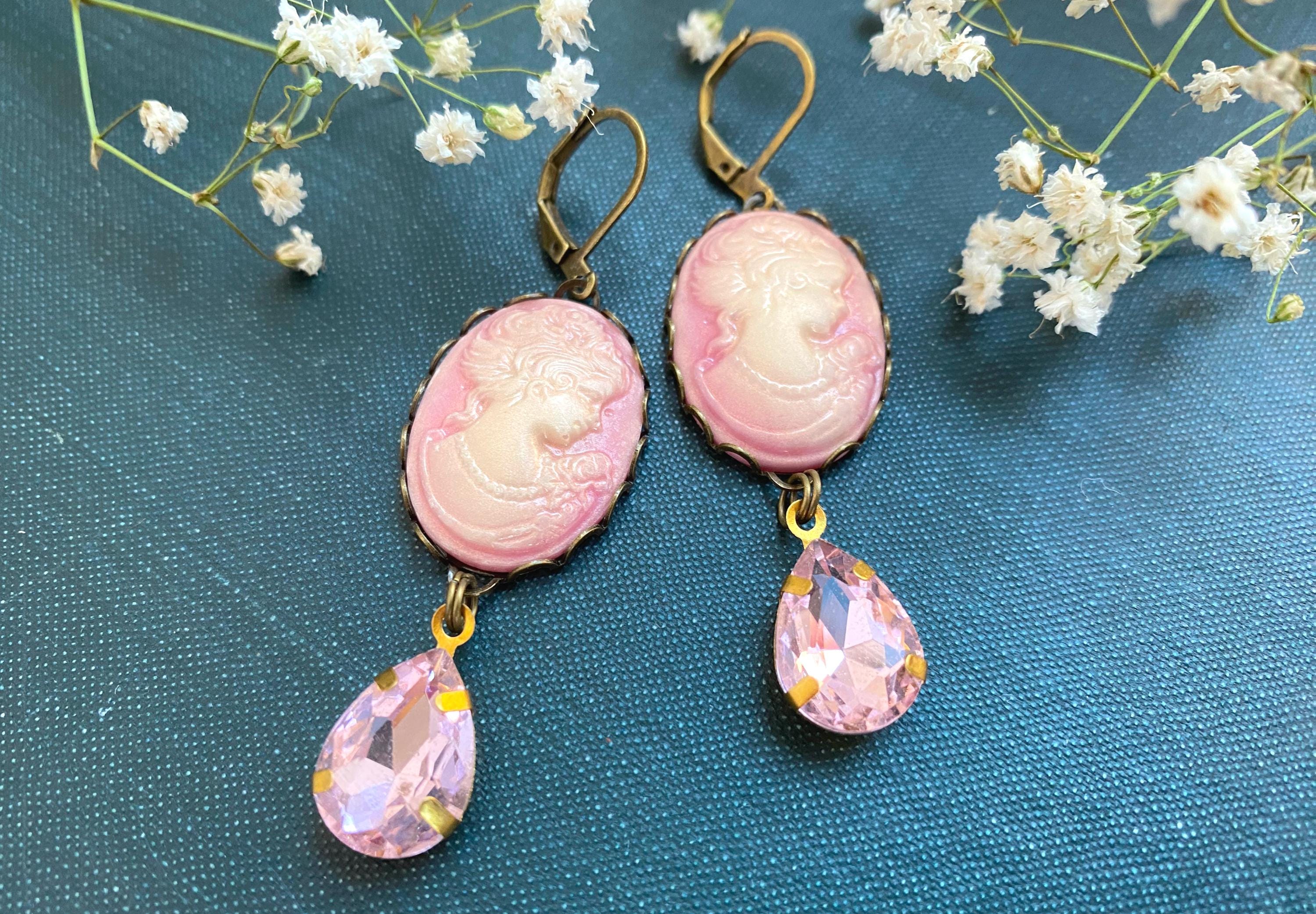 Pink Cameo Drop Earrings: Victorian Style Bronze Glass Pendants