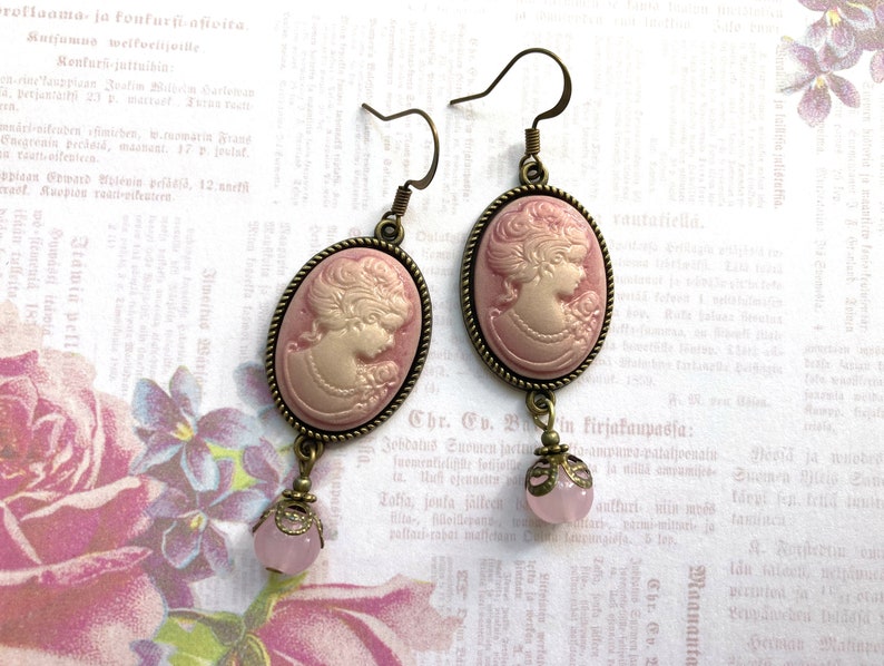 Pink cameo earrings, traditional cameo, pink filigree, Selma Dreams, vintage dangle earrings, Victorian jewelry, pink lady cameo, gifts image 3