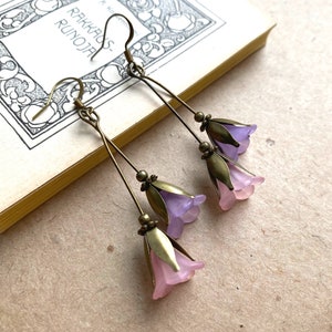 Lovely Lilac and Pink Bell Flower Earrings, Woodland Jewelry, Long Flower Earrings, Vintage Inspired Floral Earrings, Nature Jewelry image 3