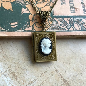 Book locket necklace, cameo necklace, Selma Dreams, Victorian jewelry, traditional cameo, book lover gifts, vintage necklace, black cameo image 2