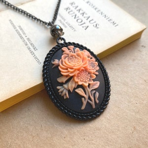 Black Floral Cameo Necklace: Recycled Bead, Goth Style