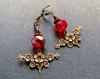 1920s Inspired Floral Earrings with Red Glass Beads, Art Nouveau Earrings, Flower Earrings, Gifts for Mom, Gifts for Wife, Birthday Gift