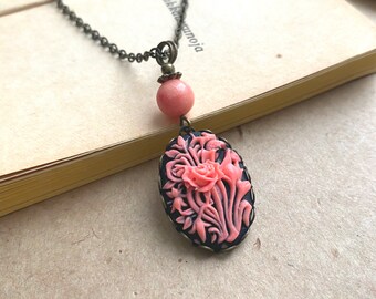 Floral Cameo Pendant Necklace with Pink Coral Gemstone Pearl, Selma Dreams, Gemstone Necklace, Goth Necklace, Unusual Cameo, Art Nouveau