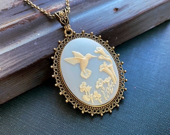 Blue Hummingbird Cameo Necklace, Gift for Mom, Large Pendant, Vintage Necklace, Gift for Her, Anniversary Gifts, Gift for Wife, Gift Ideas