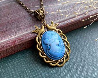 Blue Cameo Necklace: Bird Adorned Setting, Antiqued Bronze Pendant