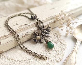 Art Nouveau Necklace: Green Glass Floral Pendant, Bronze Finish
