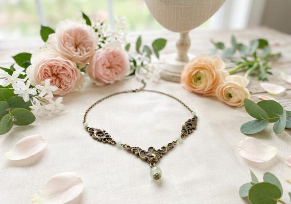 Art Nouveau Necklace: Green Aventurine Gemstone Beaded Bronze