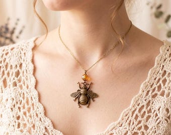 Bronzen bijenketting: steampunk champagne parelhanger