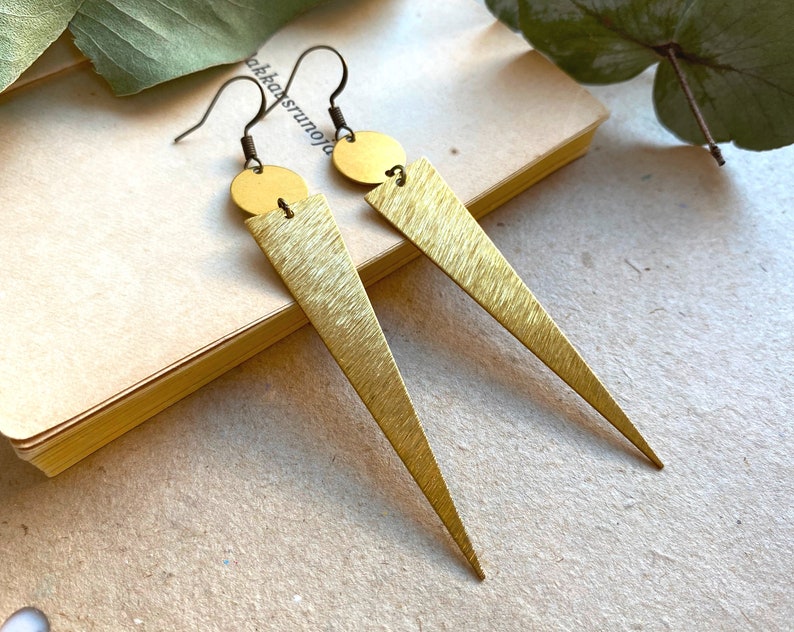 Elegant raw brass earrings, long earrings, golden earrings, long gold earrings, statement earrings, statement jewelry, raw brass pendants image 1