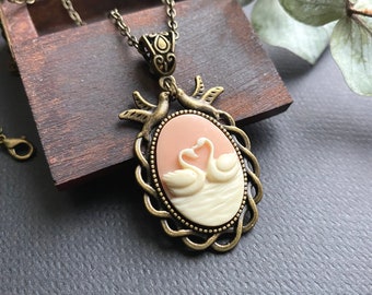 Swan cameo necklace, romantic cameo necklace, Victorian jewelry, pink cameo, lovebirds, Swan necklace, romantic jewelry, girlfriend gift