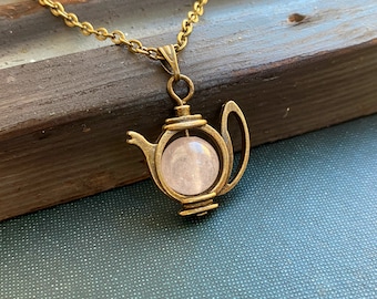 Teapot Necklace With a Rose Quartz Crystal Pearl, Alice in Wonderland Inspired, Rose Quartz Necklace, Fun Necklace, Whimsical Fun, Gemstone