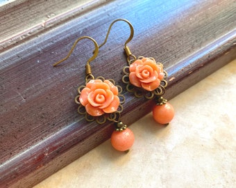 Rose earrings, pink coral gemstone beads, Selma Dreams, rose pendants, peach rose, dangle rose earrings, nature jewelry, coral gemstone