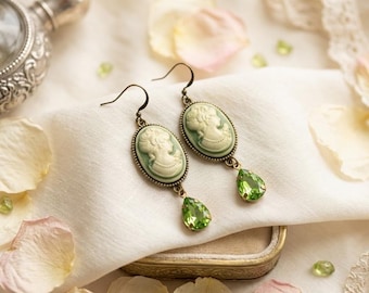 Green Cameo Earrings: Victorian Style Glass Pendants