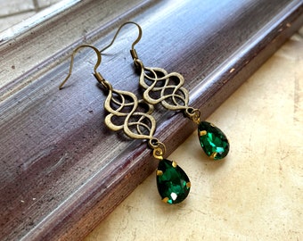 Art Nouveau Earrings, Emerald Green Glass Pendants, Selma Dreams, Vintage Earrings, Art Nouveau Dangle, 1920s Earrings, Elegant Dangle, Gift