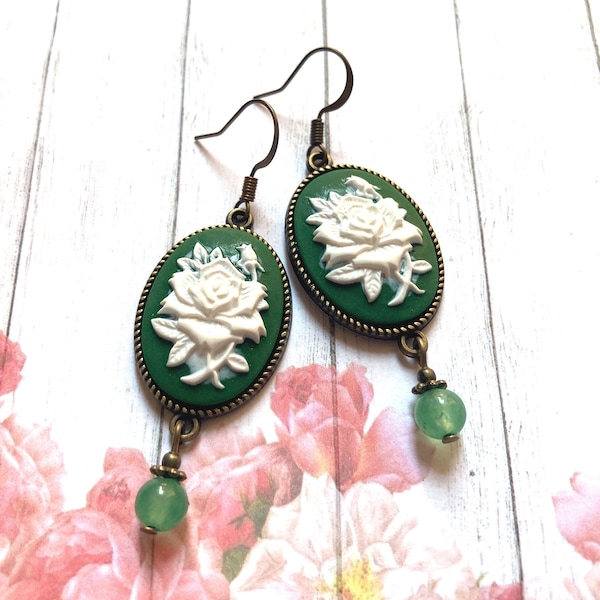 Green rose cameo earrings, green aventurine beads, Selma Dreams, Victorian jewelry, vintage cameo earrings, green cameo earrings