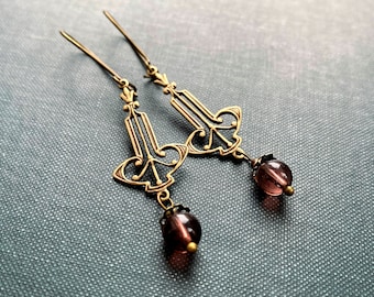 Pendientes Art Nouveau con cuentas de vidrio lila, Pendientes elegantes, Pendientes vintage, Regalos de aniversario, Pendientes de los años 20, Regalos para esposa