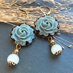 Gray Rose Leverback Earrings: Glass Bead Dangles, Handmade in Finland