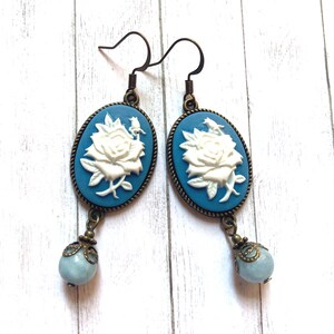 Vintage Inspired Rose Cameo Earrings with Blue Jade Beads, Selma Dreams, Victorian Earrings, Traditional Cameo, Blue Cameo, Rose Cameo image 4