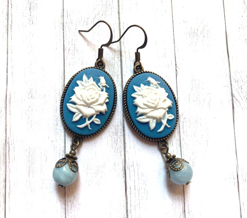 Vintage Inspired Rose Cameo Earrings with Blue Jade Beads, Selma Dreams, Victorian Earrings, Traditional Cameo, Blue Cameo, Rose Cameo image 4