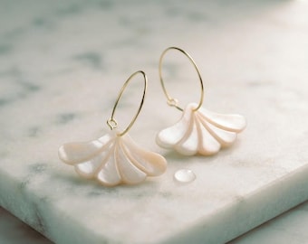 Mother of Pearl Fan Earrings: 18K Gold Plated Hoops, Art Nouveau Style