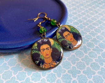 Frida Kahlo Earrings with Glass Beads, Selma Dreams, Feminist Earrings, Art Earrings, Mexican Icon, Dangle Earrings